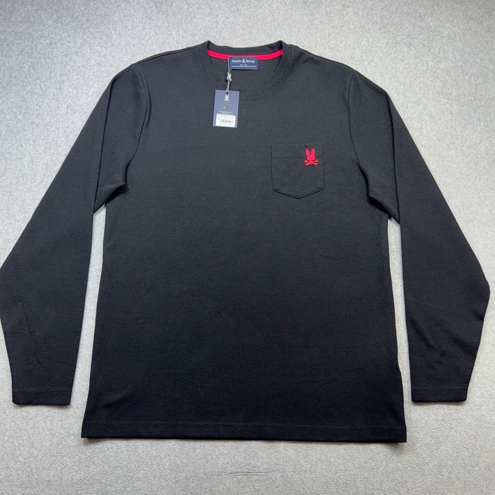Psycho Bunny Shirt Mens XXL Black Vail Waffle Lounge Long Sleeve Tee Pocket Logo